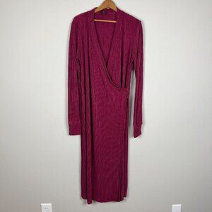 YAS Wrap Dress Womens Medium Wine Maxi Long Sleeve Ribbed V-Neck‎ Slinky Stretch